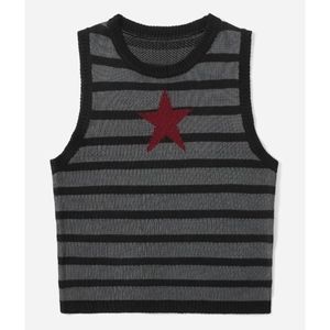 Striped Star Print Sweater Vest Gray Black Stripes Red Star Sleeveless S-L Avail